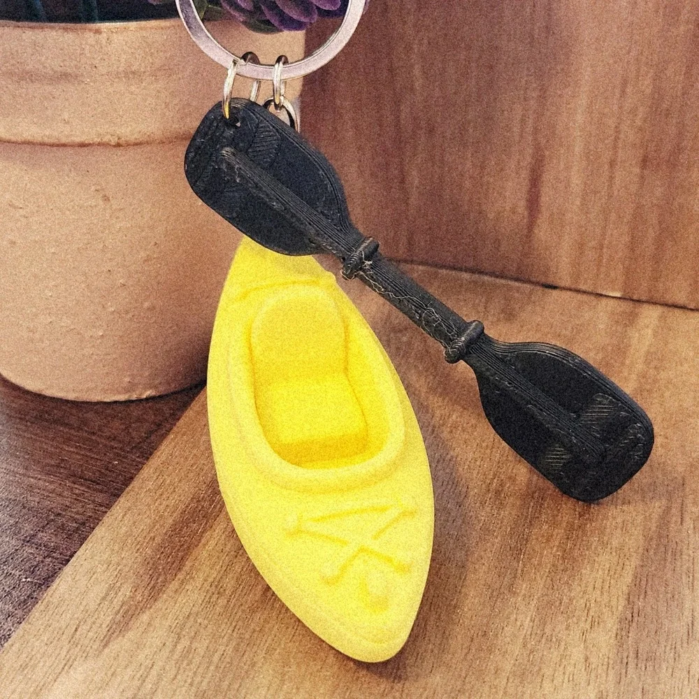 Unbranded Yellow Kayak Keychain with Black Paddle Miniature Outdoor Charm